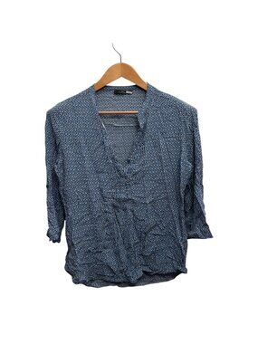 Jad French Abstract Geo Print Popover Top L Made in France V-Neck Blouse